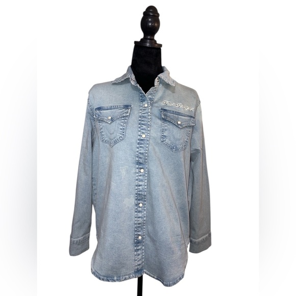 NWT True Religion Light Bliss Wash Logo Georgia Long Sleeve Denim Shirt Sz Small - Picture 4 of 12
